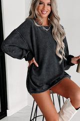 Black Plain Ribbed Round Neck Pullover Sweatshirt