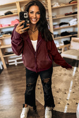 Burgundy Waffle Splicing Zip Up Front Button Hooded Jacket