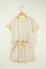 Yellow Stripe Relaxed Tee Drawstring Shorts 2pcs Outfit