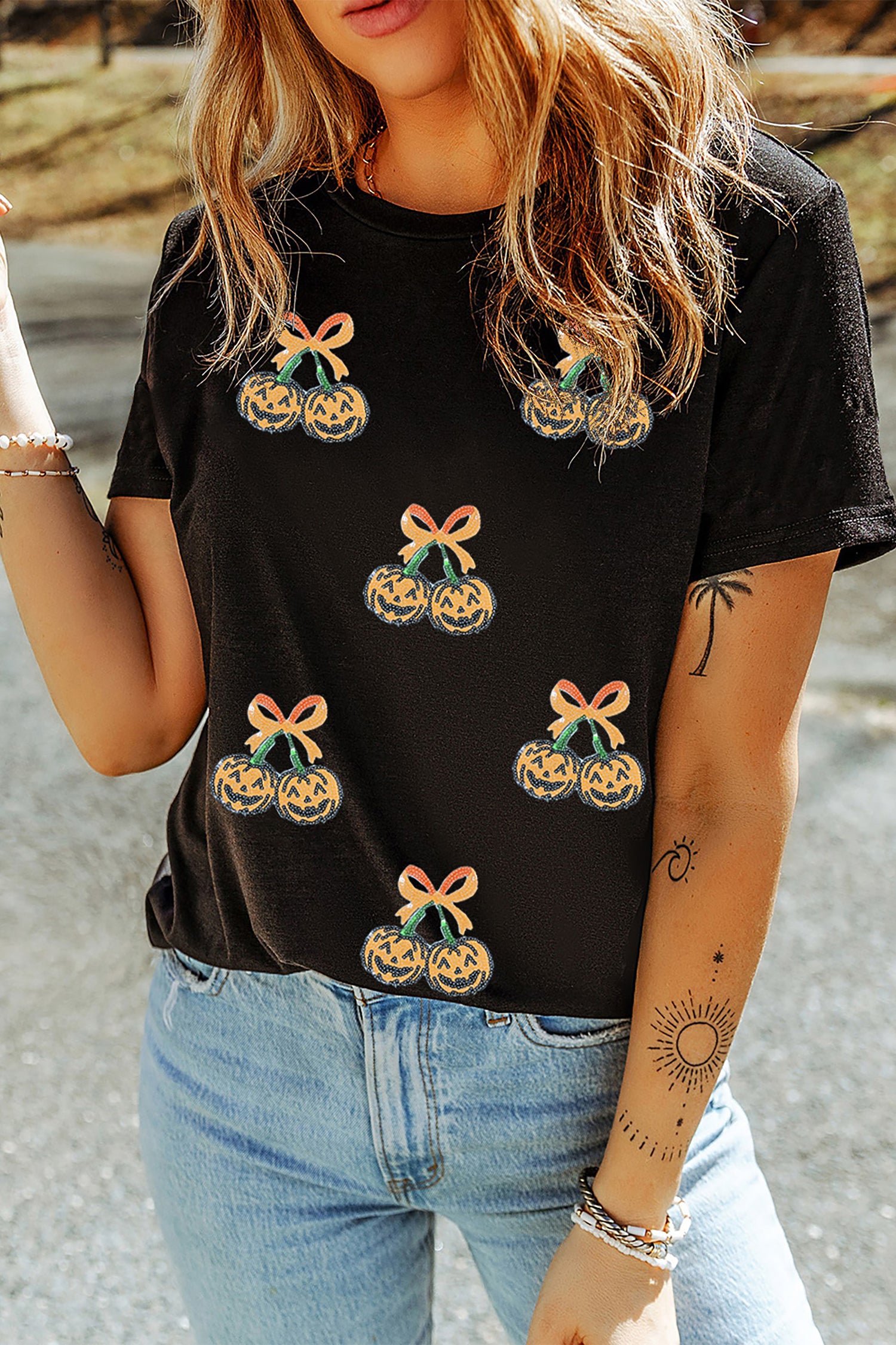 Black Sequin Pumpkin Cherry Graphic Round Neck Casual T Shirt