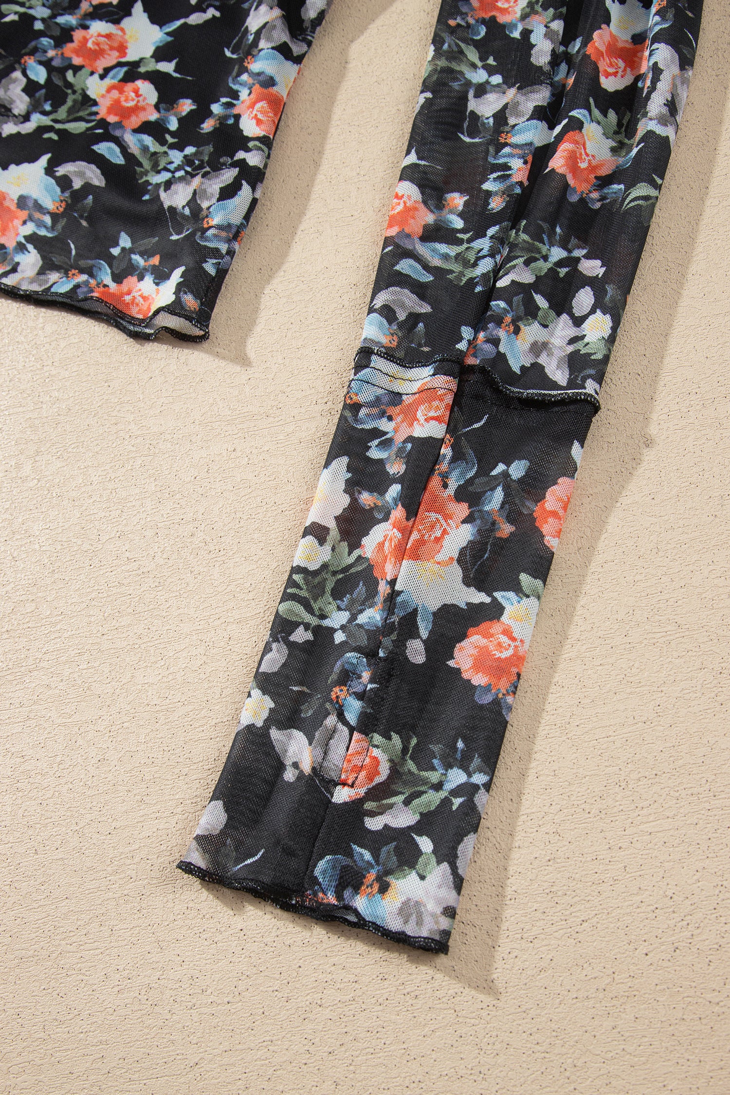 Black Floral Print Mesh Thumb Hole Long Sleeve Pullover Top