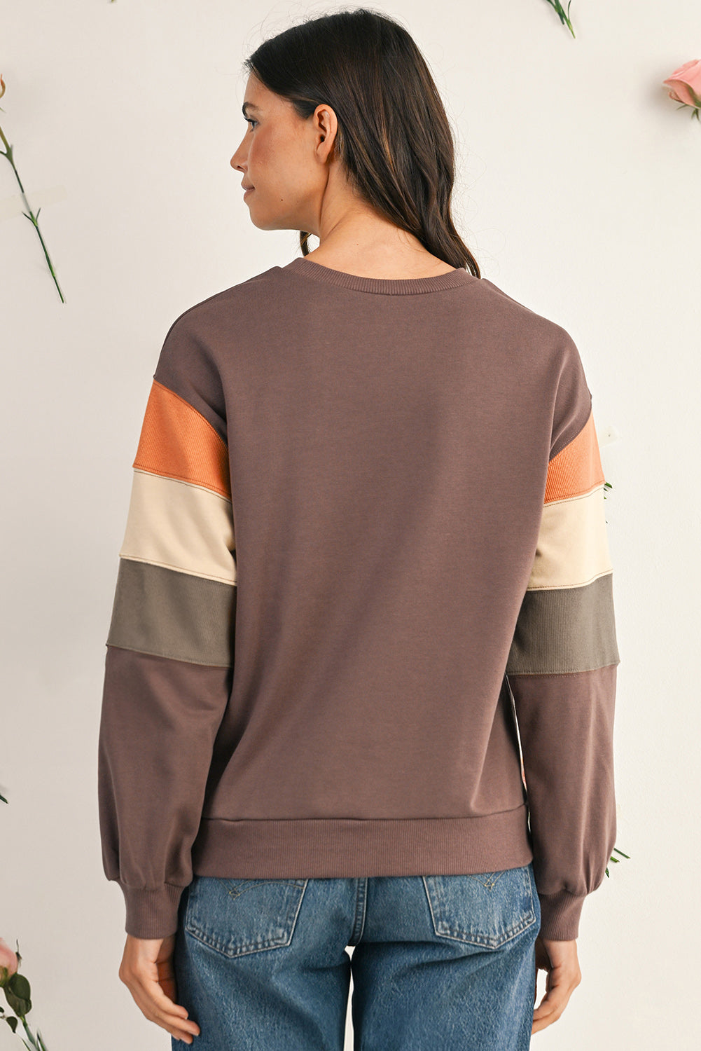 Dark Khaki Colorblock Drop Shoulder Pullover Casual Sweatshirt