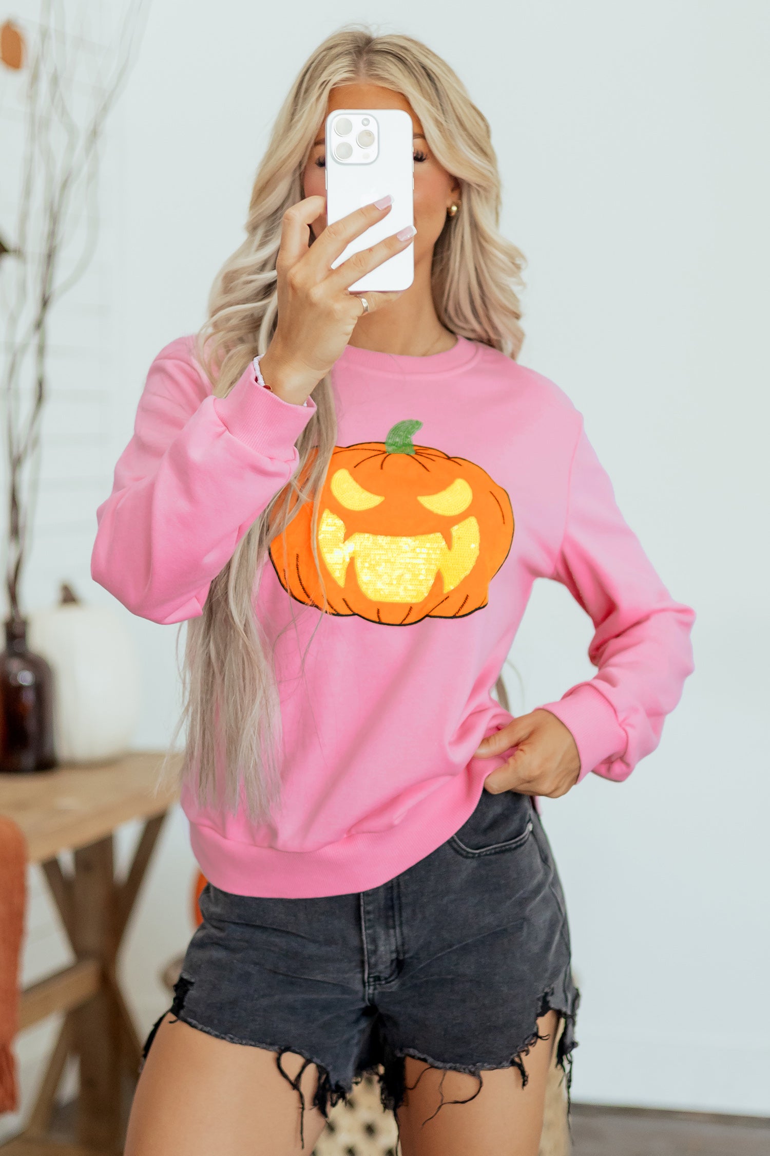 Pink Embroidered Pumpkin Face Long Sleeve Round Neck Sweatshirt