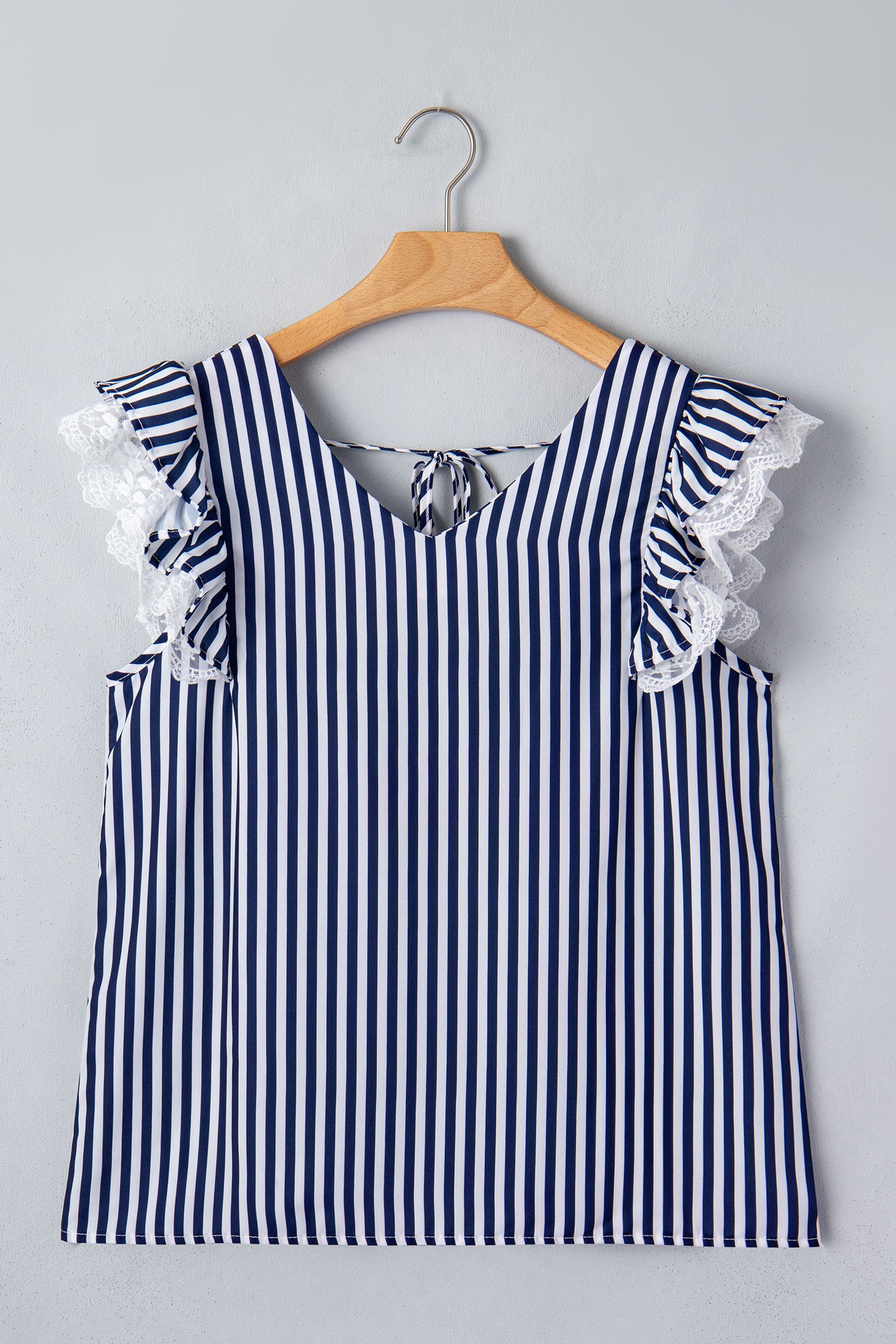 Blue Stripe V Neck Lace Contrast Ruffle Trim Tank Top