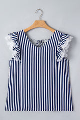 Blue Stripe V Neck Lace Contrast Ruffle Trim Tank Top