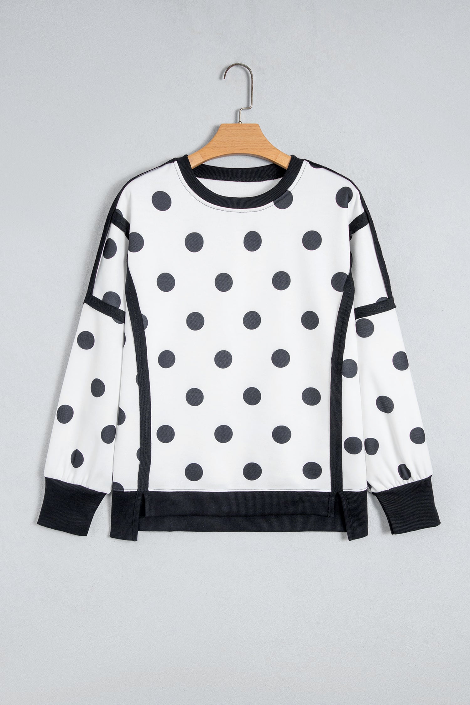 White Polka Dot Contrast Patchwork Round Neck Baggy Sweatshirt