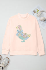 Apricot Pink Bow Knot Duck Faux Patchwork Printed Mock Neck Sweatshirt