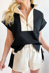 Black Contrast Zipped Stand Collared T Shirt and Short Set