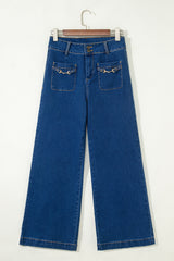Sail Blue Hardware Decor Patched Pockets Wide Leg Denim Pants
