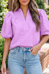 Phalaenopsis Stitched Detail V Neck Puffy Half Sleeve Blouse