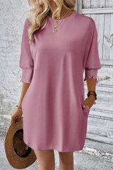 Pink Shirred Cuff 3/4 Sleeve T Shirt Mini Dress