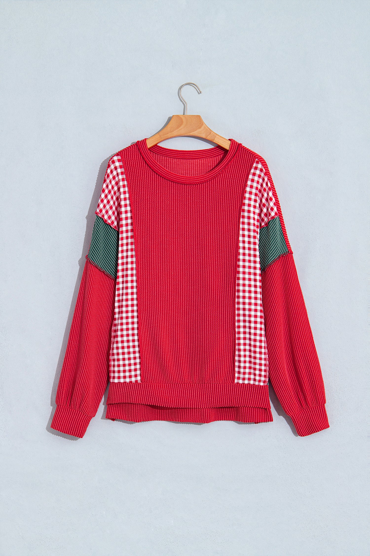 Fiery Red Patchwork Plaid Colorblock Twist Rib Round Neck Long Sleeve Top