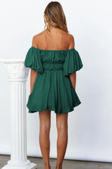 Green-2 Solid Color Shirred Bubble Sleeve Off Shoulder Babydoll Dress