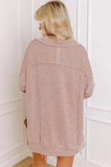 Oatmeal Twist Ribbed Zipper Collar Drop Shoulder Long Sleeve Top
