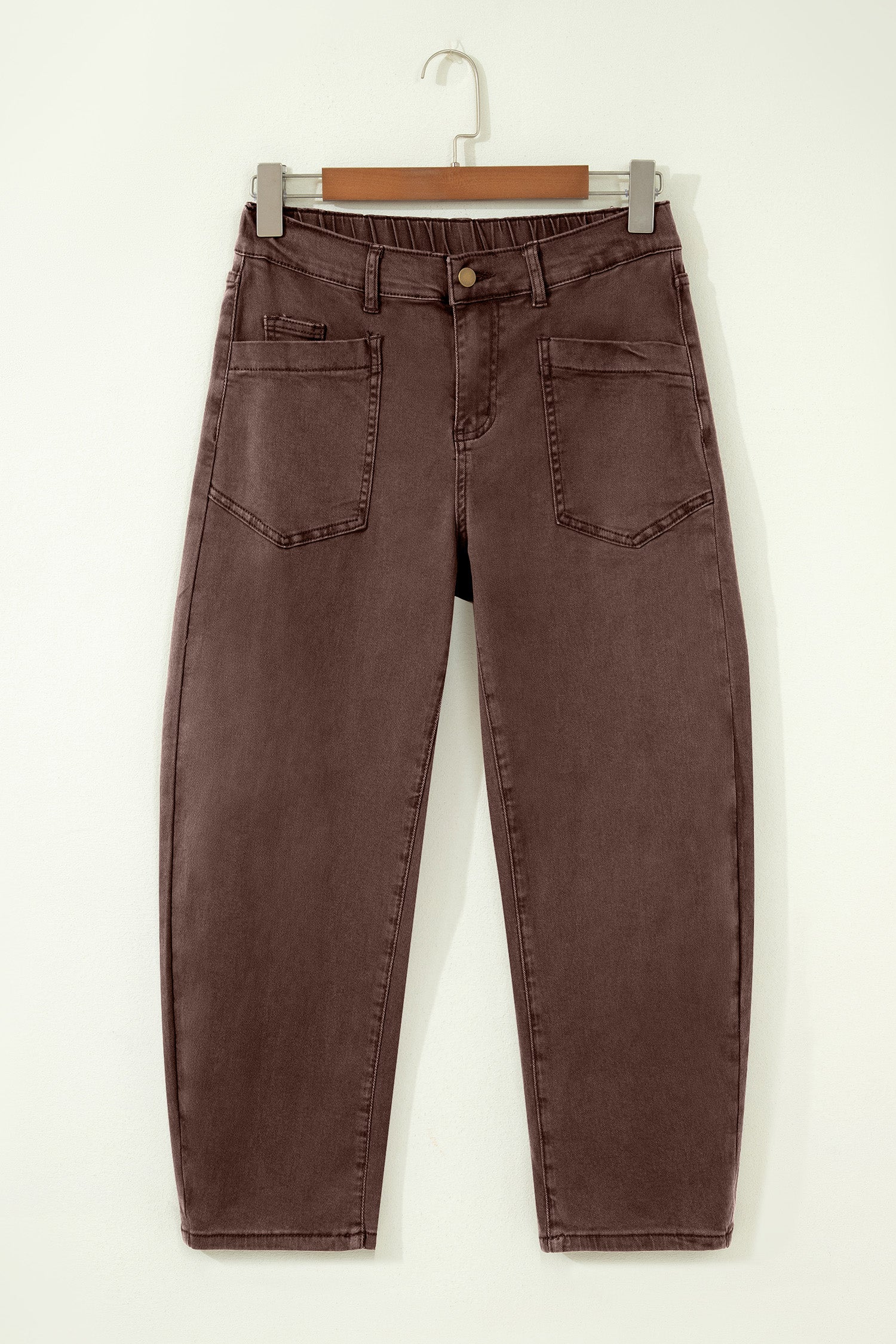 Beau Blue Solid Color Square Patch Pocket Ankle-length Barrel Jeans
