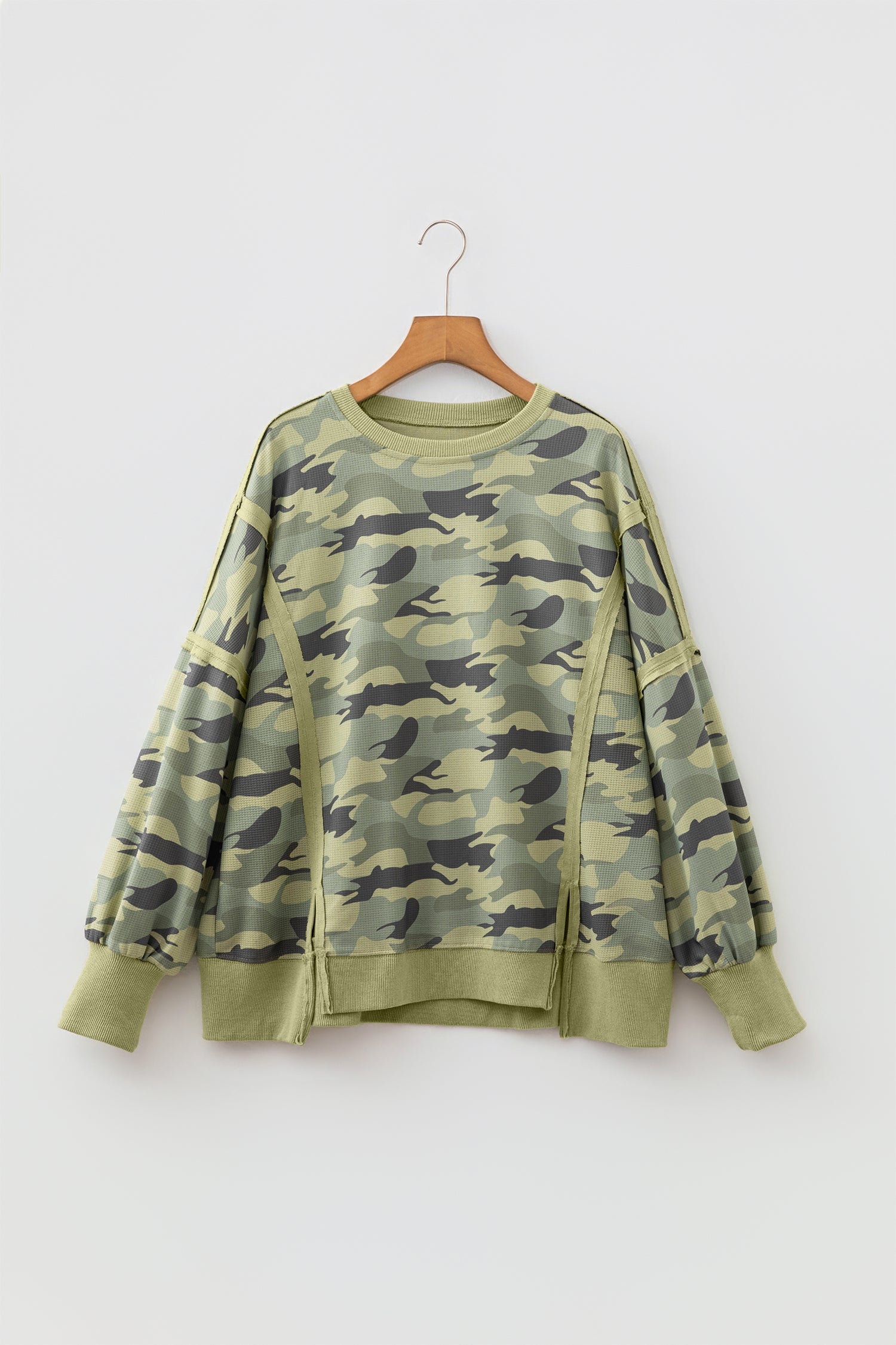 Green Camouflage Waffle Knit Raw Edge Contrast Trim Oversized Long Sleeve Top
