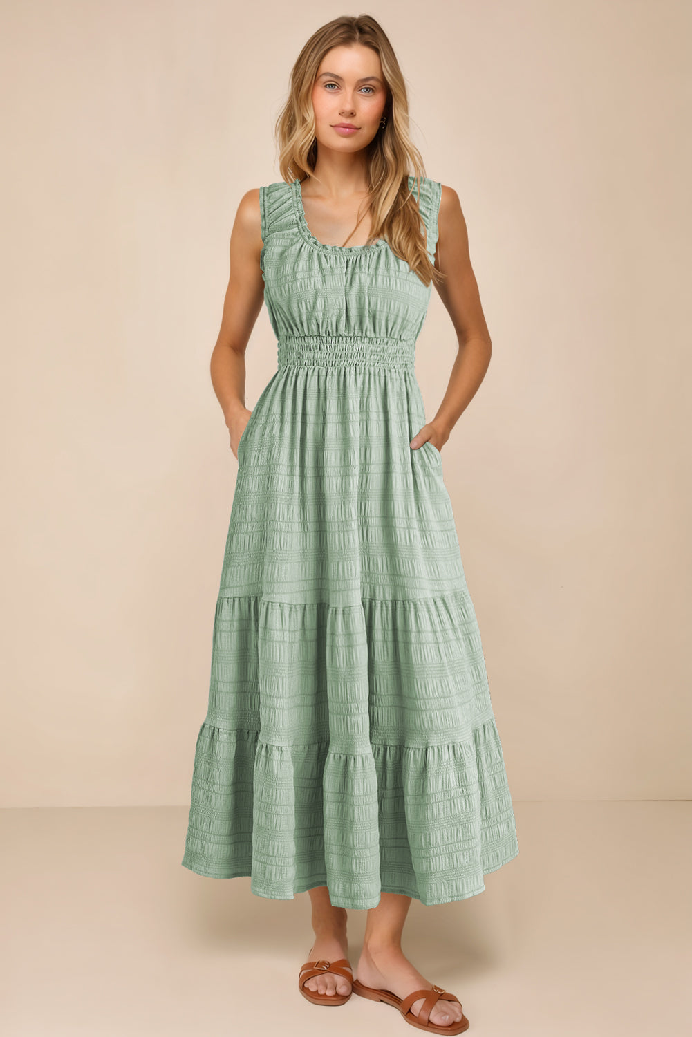 Rose Shirred Pleated Square Neck Sleeveless Midi Dress