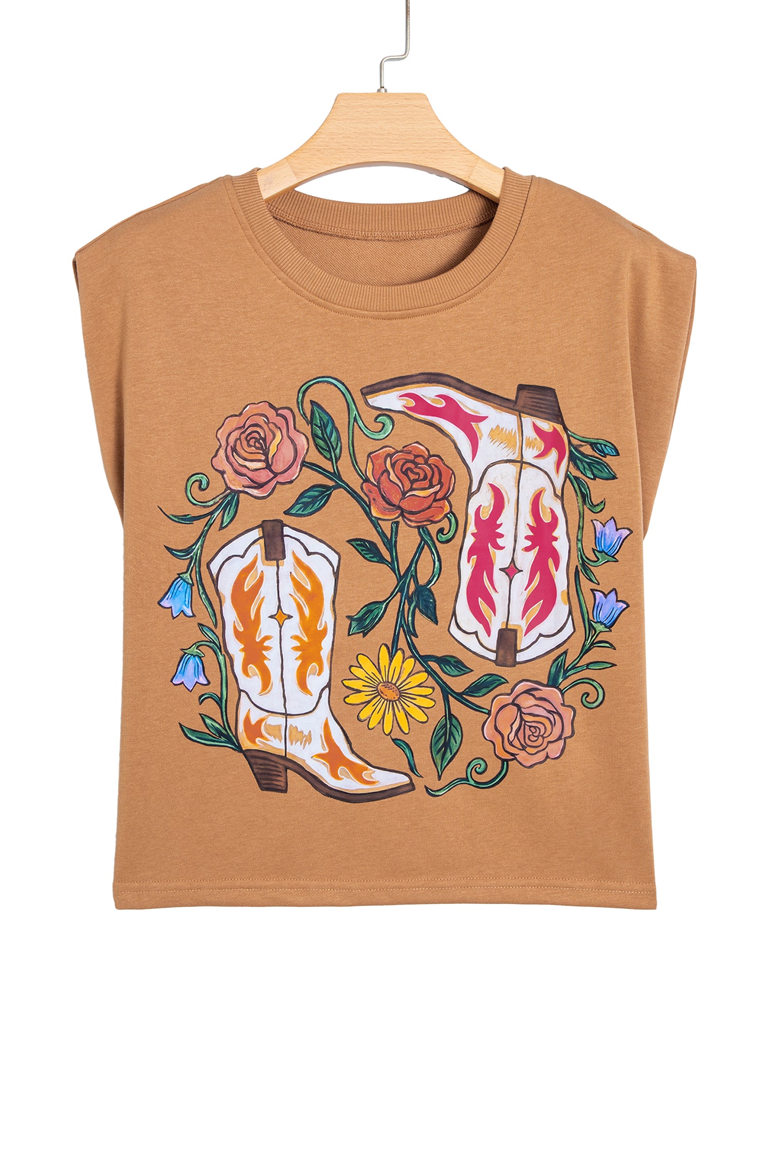 Camel Western Boots Flower Printed Sleeveless Loose Tank Top