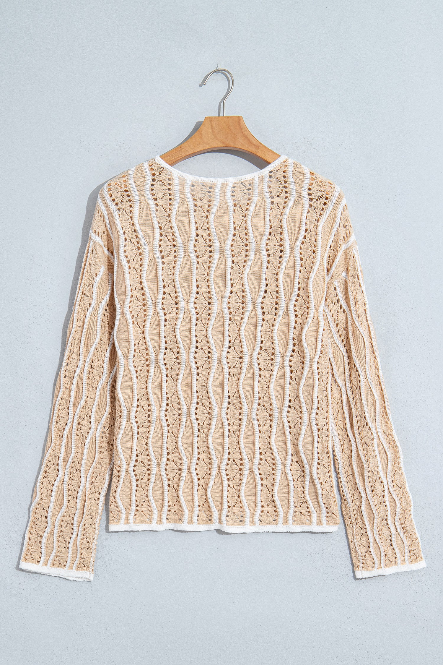 Pink Wavy Detail Hollow Out Knit Long Sleeve Cotton Pullover Sweater