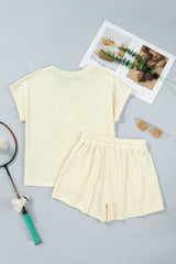 White Contrast Leopard Bow Patched V Neck Loose Tee Drawstring Shorts 2pcs Outfit