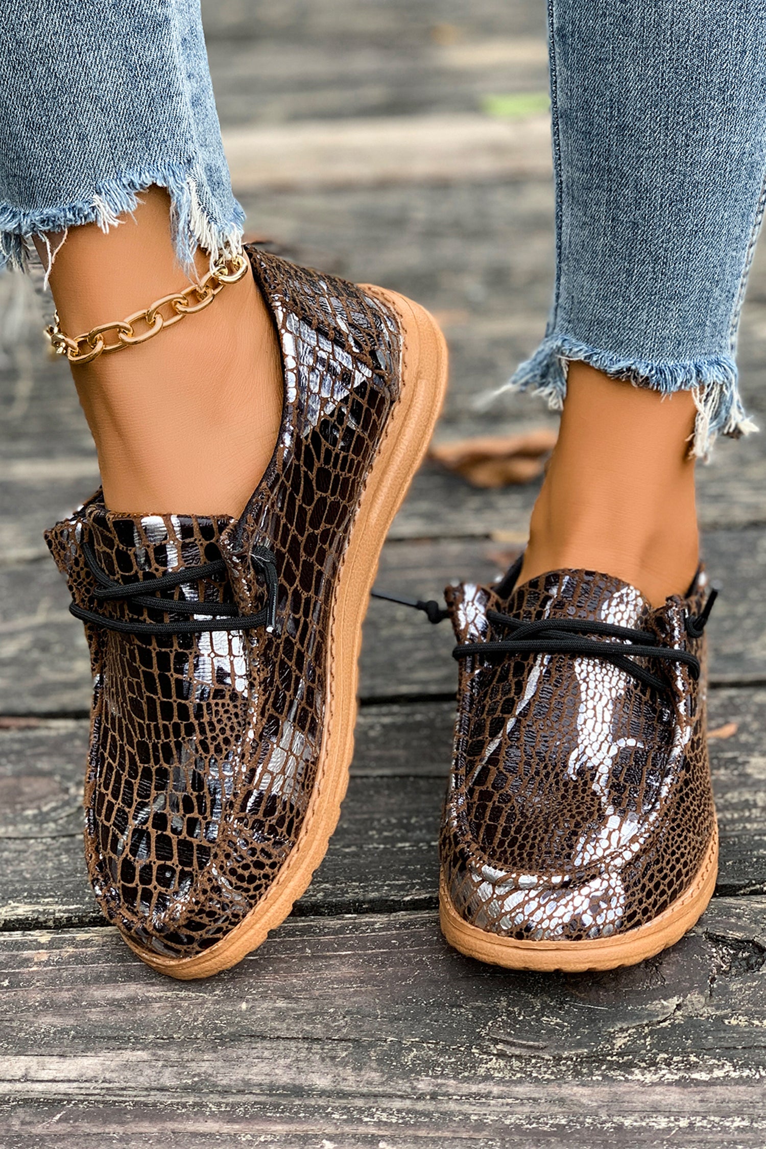 Coffee Sleek Snake Skin Print Lace-up Detail Comfort Loafer Shoes