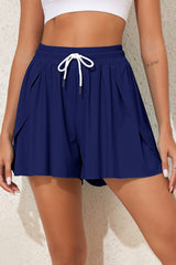 Navy Blue Drawstring Elastic Waist Lined Ruffle Shorts Bikini Bottom