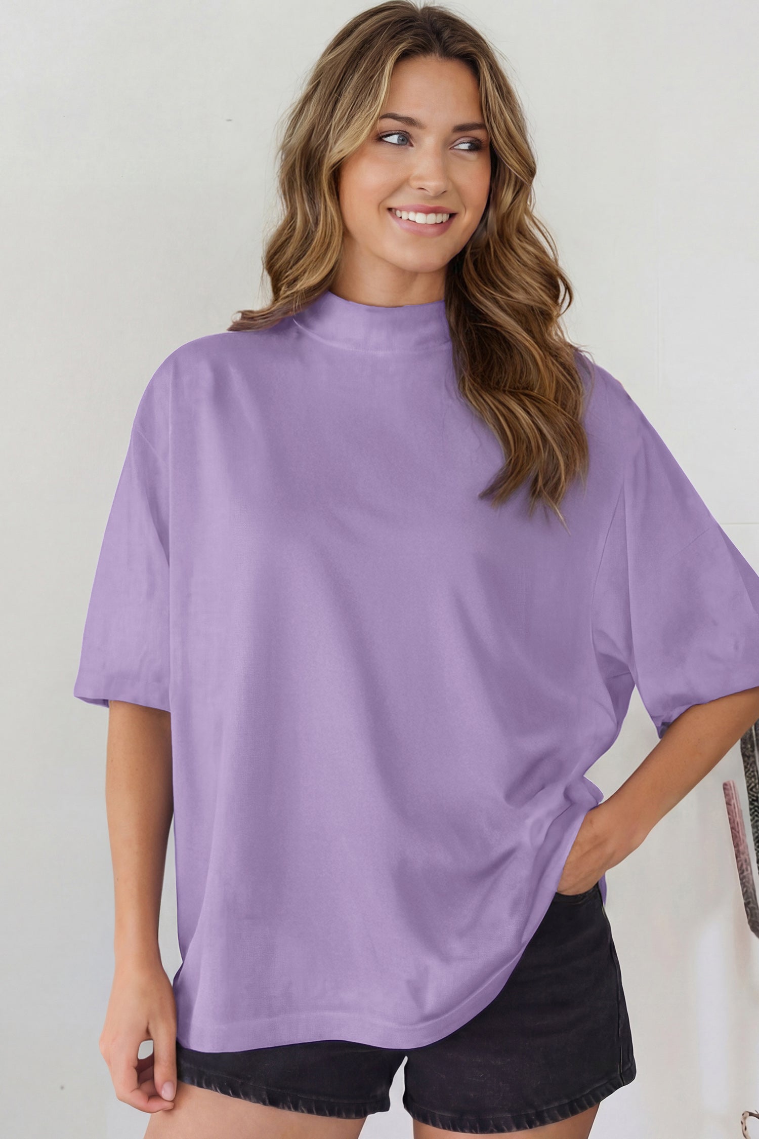 Dark Blue Solid Color High Neck Oversize Tee