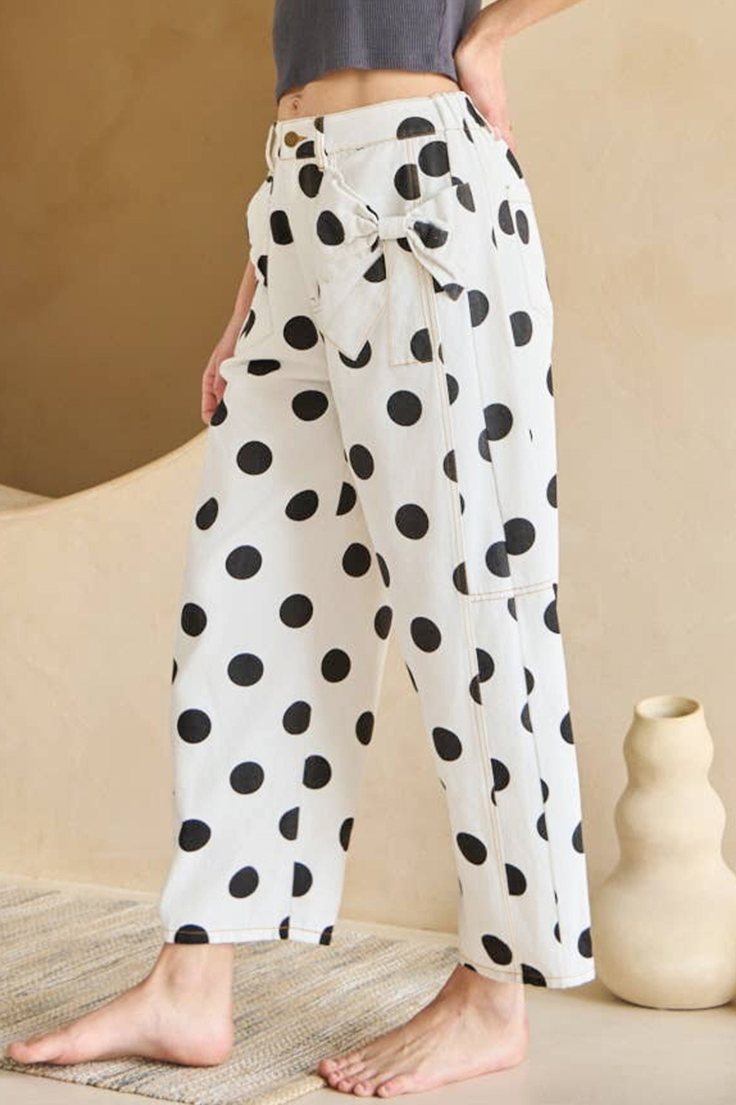 Sky Blue Polka Dot Print Bow Detail Pocketed Barrel Jeans