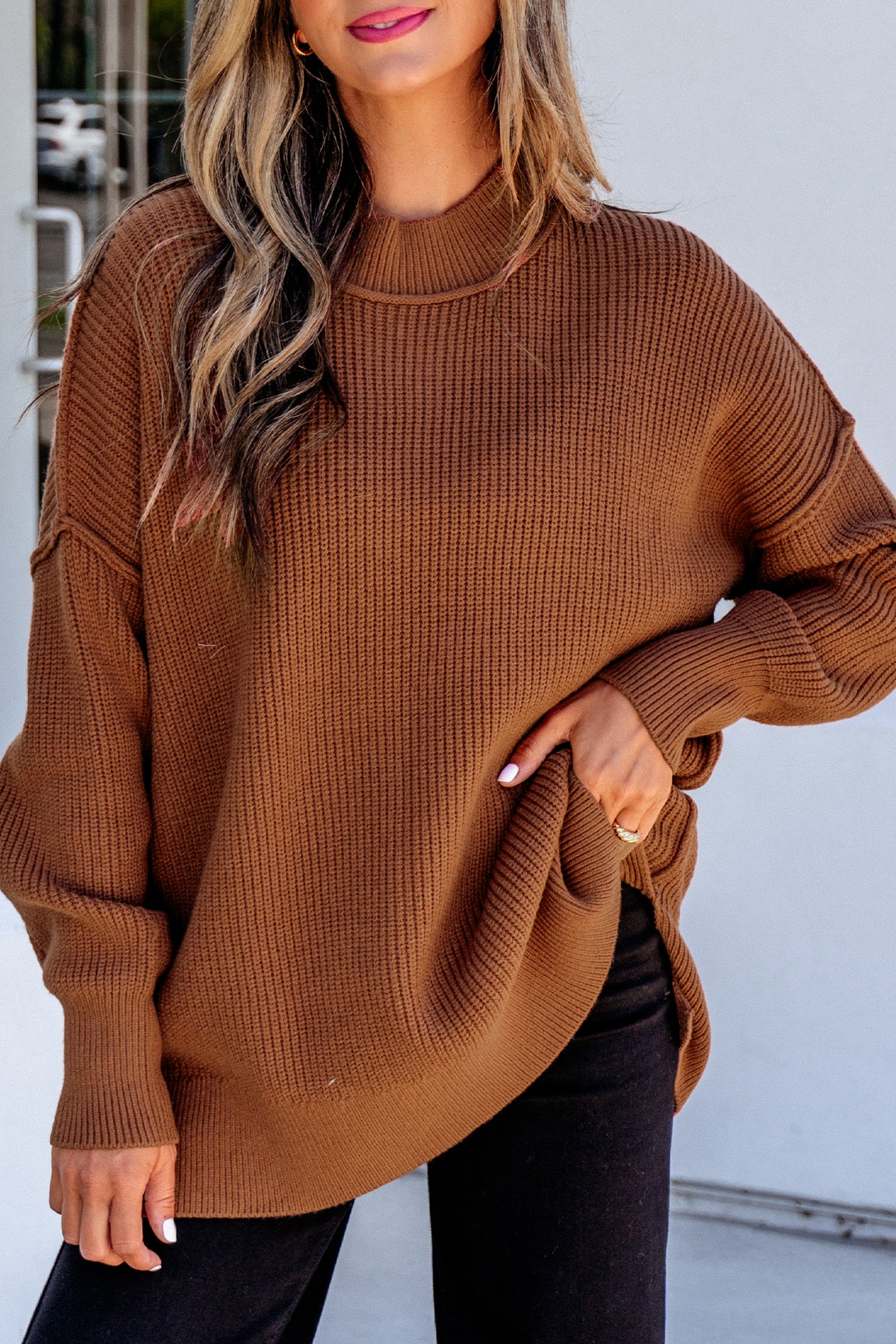Red Dahlia Long Sleeve Ribbed Knit Stand Neck Regular Fit Sweater