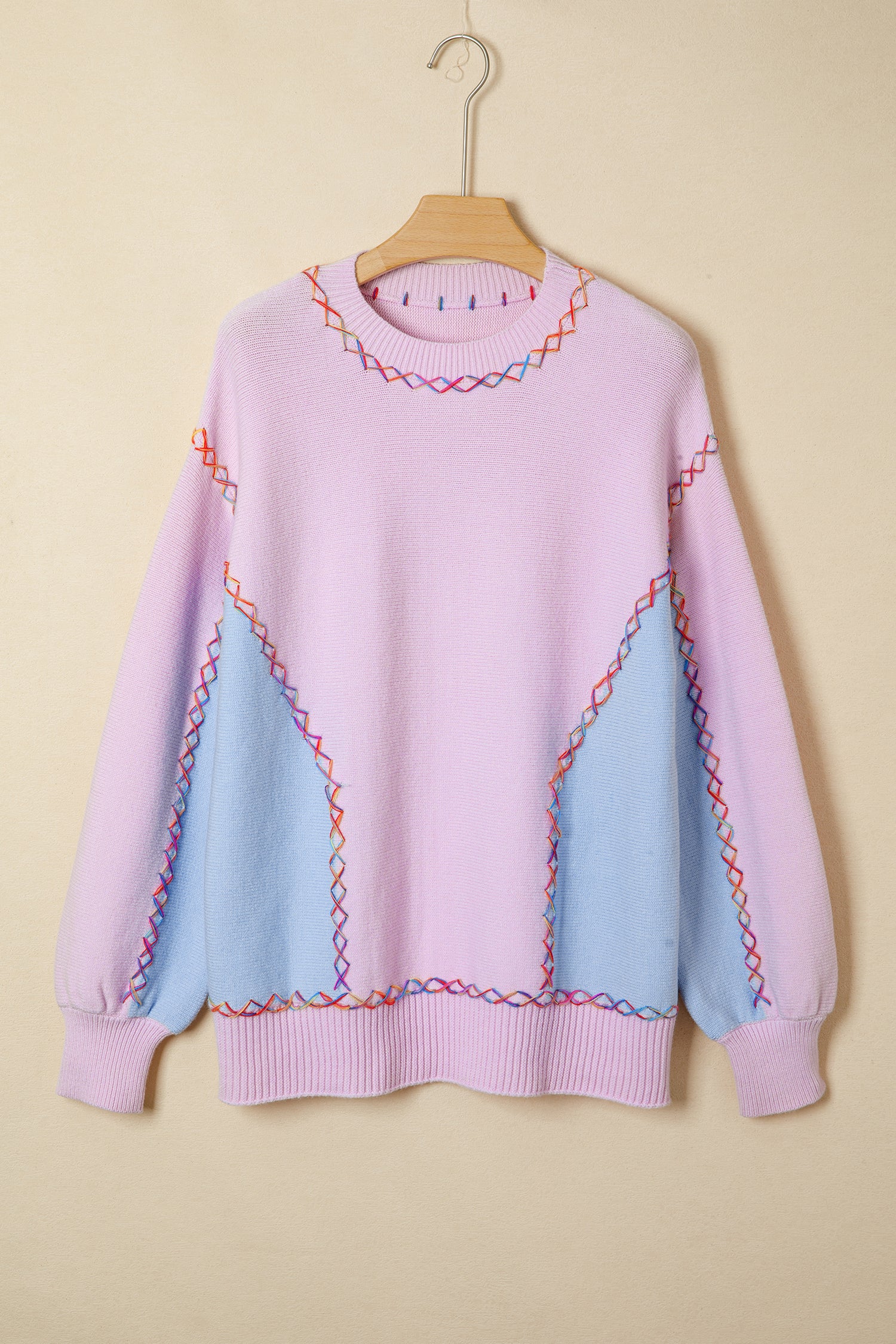 White Rainbow Stitching Balloon Sleeve Relaxed Sweater