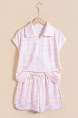 Pink Plaid Zip Neck Sleeveless Top Elastic Waist Shorts Casual Two Piece Short Set