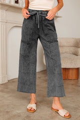 Medium Grey Mineral Wash Lace-up High Waist Raw Hem Patched Pocket Pants
