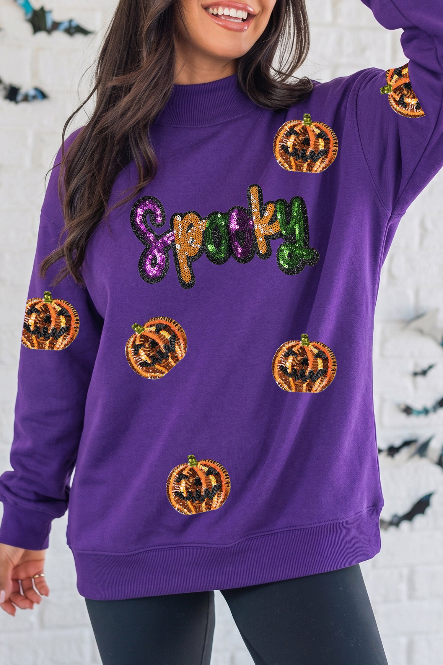 Tillandsia Purple Sequin Pumpkin Spooky Graphic Halloween Pullover Sweatshirt