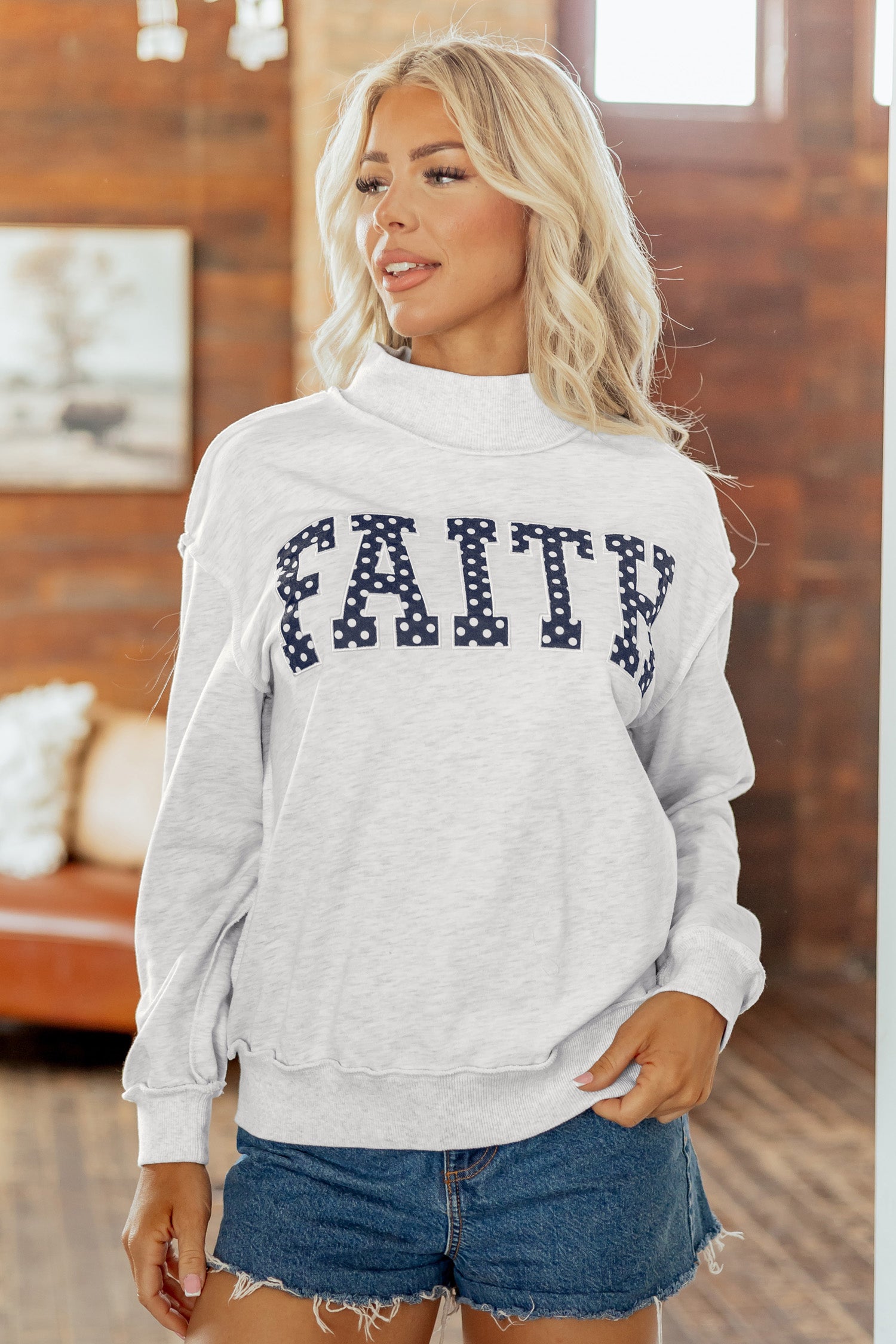 Light Grey High Neck Polka Dot Slogan Printed Baggy Sweatshirt
