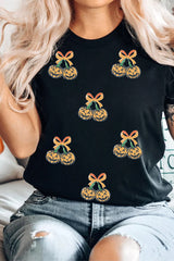 Black Sequin Pumpkin Cherry Graphic Round Neck Casual T Shirt