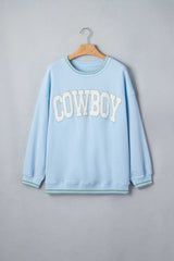 Beau Blue Embroidered Cowboy Letter Print Long Sleeve Round Neck Sweatshirt