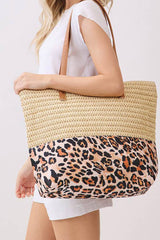 Thai Curry Straw Woven Leopard Patchwork Large Tote Bag