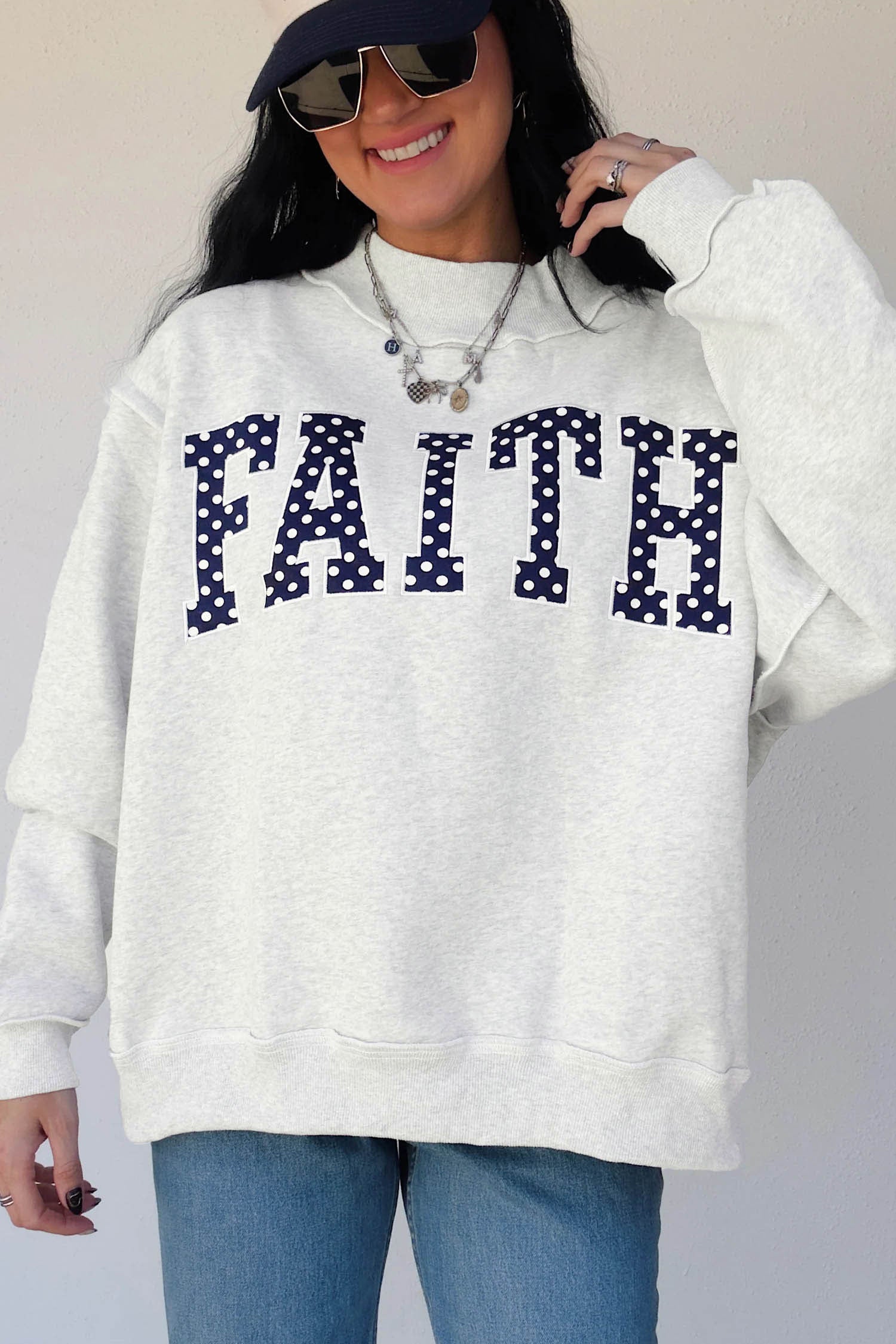Light Grey High Neck Polka Dot Slogan Printed Baggy Sweatshirt