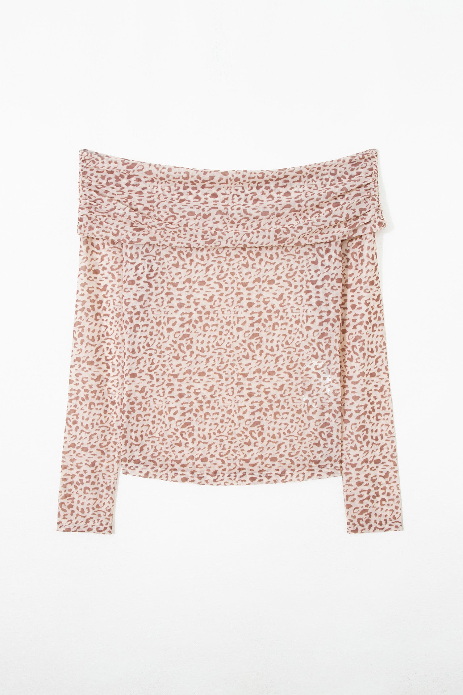 Brown Leopard Print Foldover Off Shoulder Long Sleeve Mesh Top