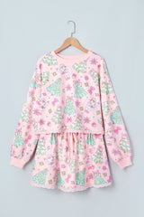 Pink Floral Print Lace Trim Long Sleeve Skirt Set