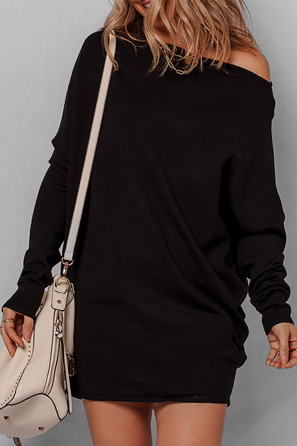 Black Asymmetric Neck Batwing Sleeve Shift Mini Sweater Dress