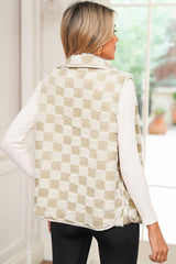 Khaki Sherpa Checkerboard Snap Button Vest Jacket