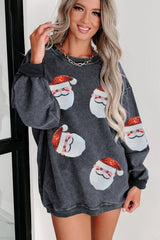 Gray Christmas Santa Claus Sequins Patch Corded Graphic Sweatshirt