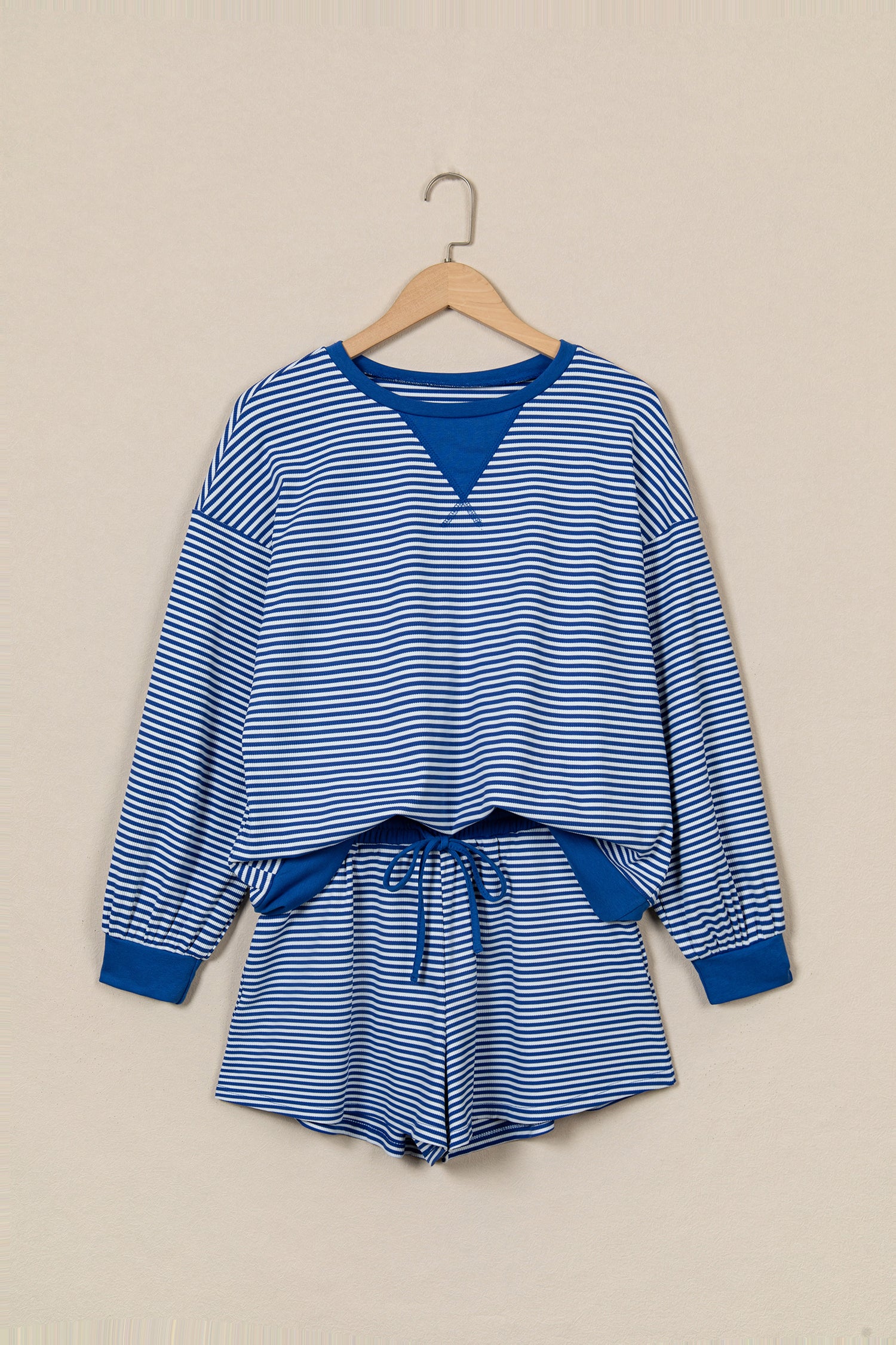 Brown Stripe Oversized Long Sleeve Top Drawstring Loose Shorts 2pcs Set