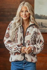 Beige Geometric Print Long Sleeve Shirt Collar Zip-up Placket Binding Tape Jacket