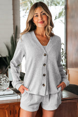 Light Grey 3 Pieces Rib Crop Camisole Matching Shorts Lounge Set with Cardigan