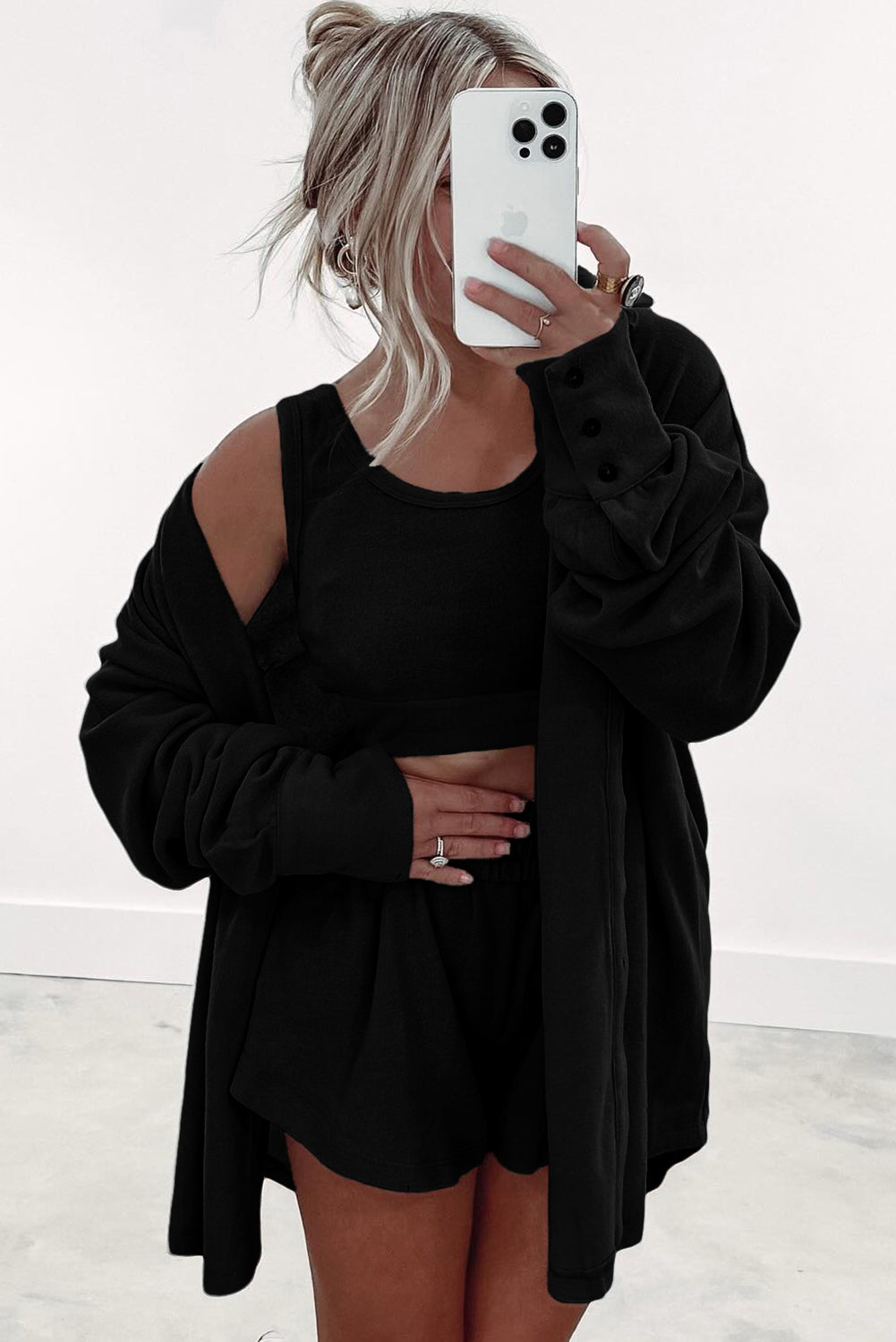 Black Shirred Hem Crop Tank Top Loose Shorts Cardigan 3 Piece Pajama Set
