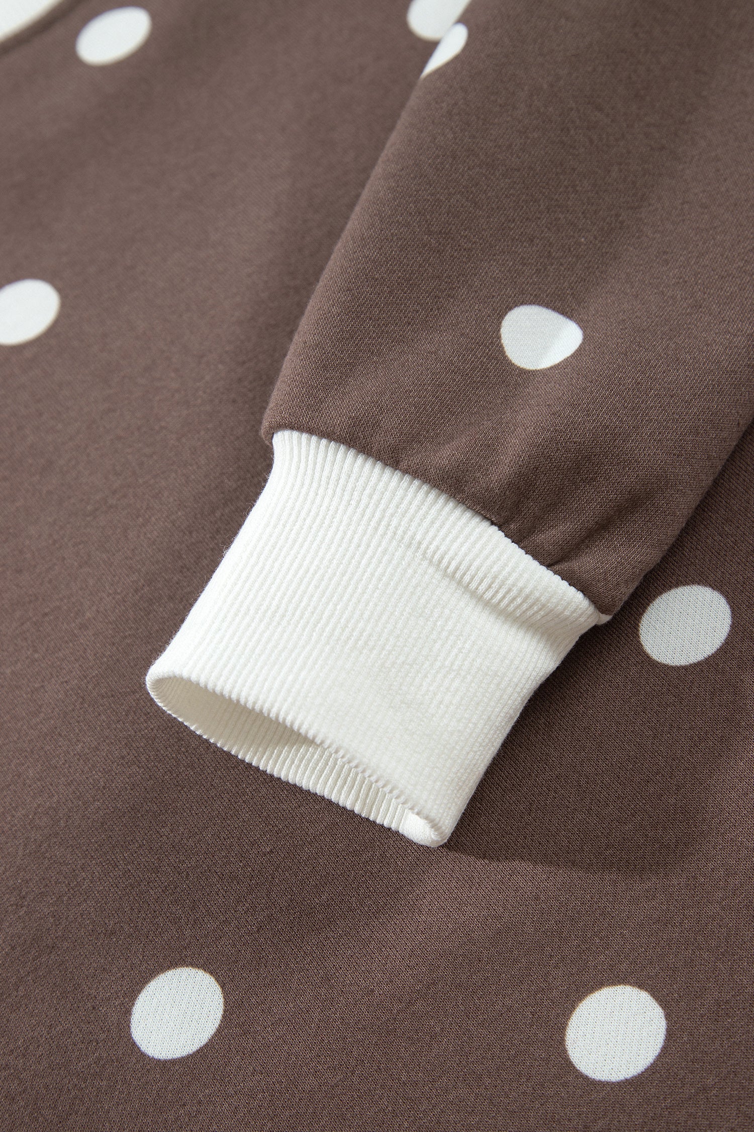 Brown Polka Dot Ribbed Trim Long Sleeve Top Casual Short Set