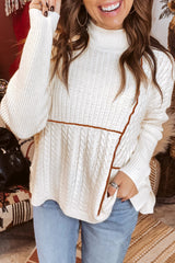 White Mix Texture Patchwork Contrast Stitch Mock Neck Sweater