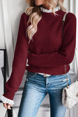 Burgundy Contrast Lace Frill Trim Raglan Sleeve Sweater